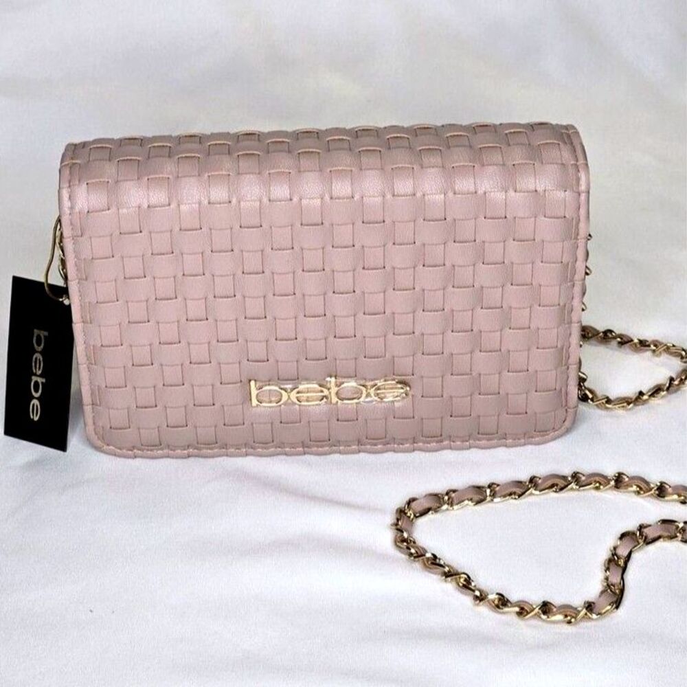 NWT bebe Yara Woven Crossbody Pink Bag Gold Chain Strap Small Shoulder Purse